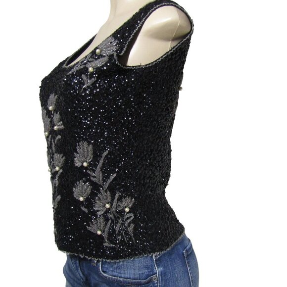 VTG 60s Hand Beaded M Floral Mod Glam Cocktail Party Wool MCM Shell Top Black - Picture 4 of 11